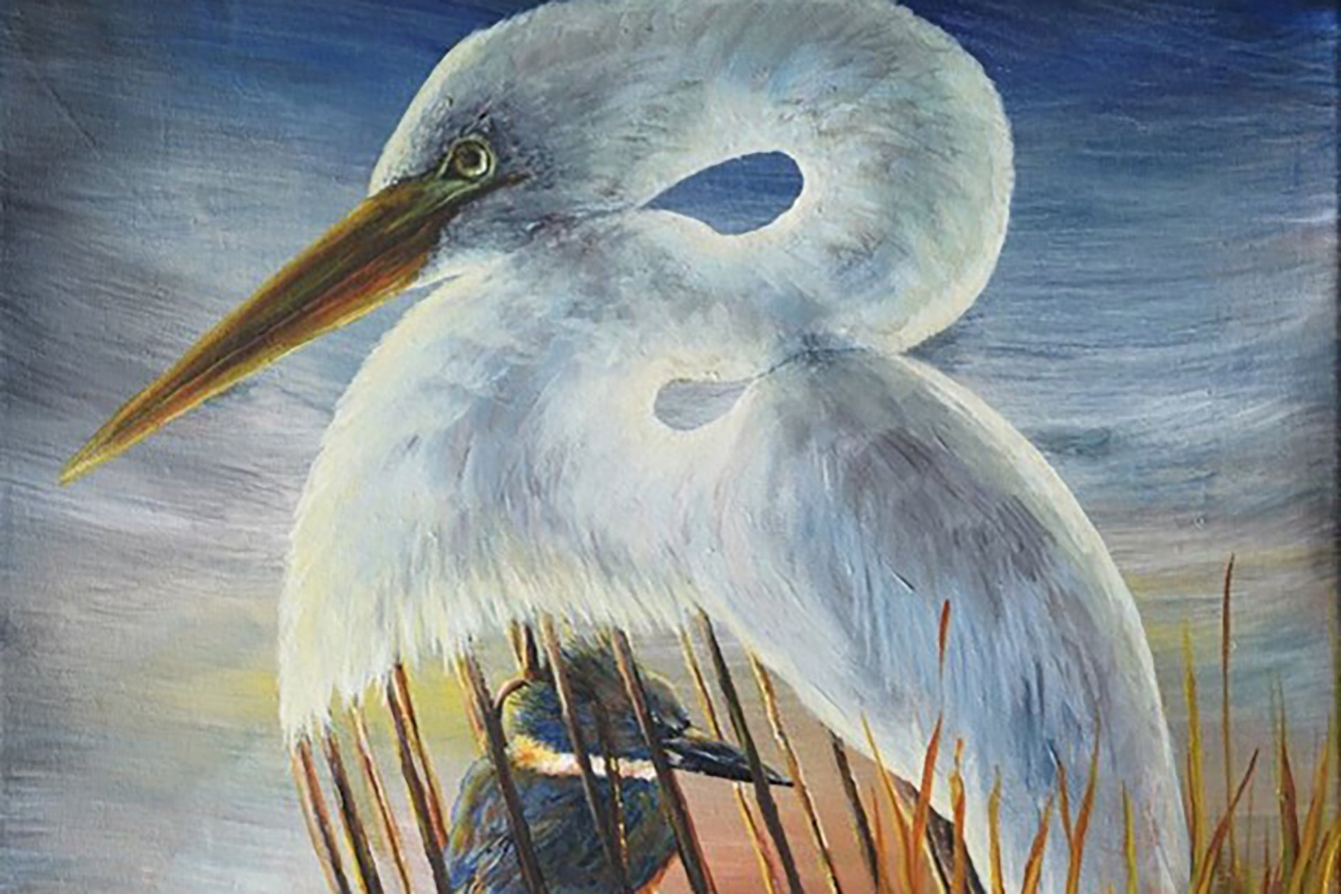 Painting of a large white bird with a long beak as a cage with a smaller bird within