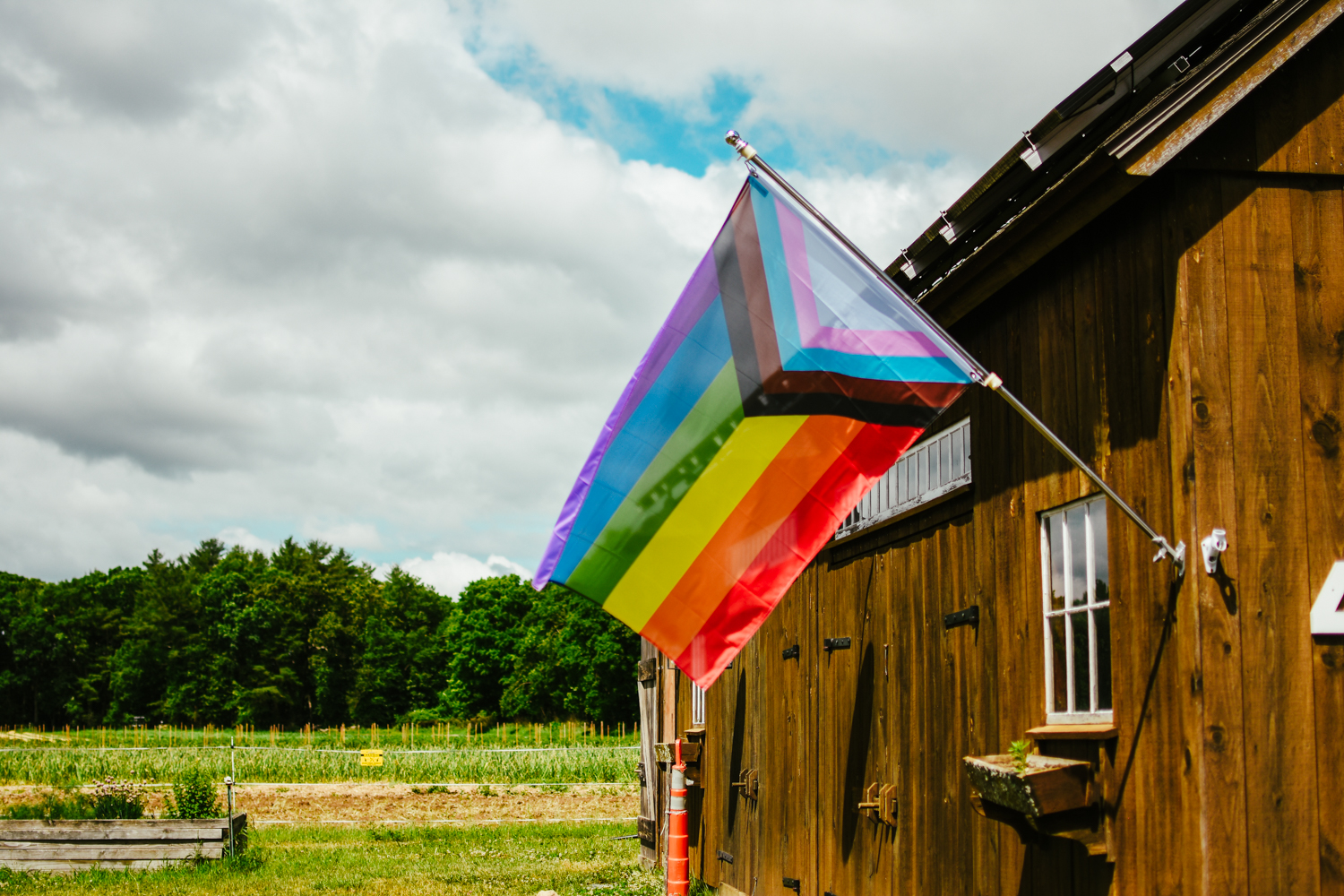 Progress Pride flag hung on a wooden building