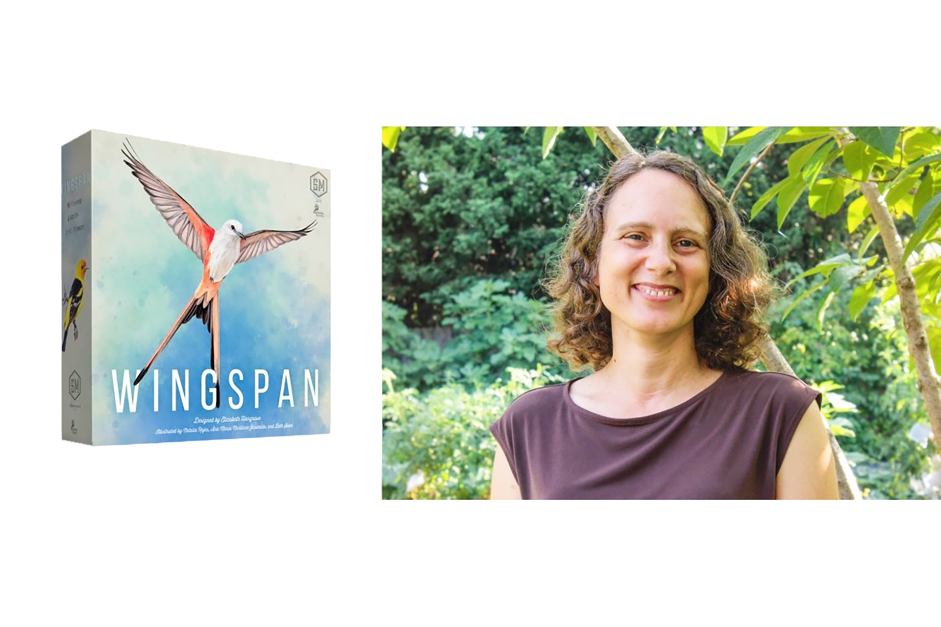 Wingspan game box, left, and Elizabeth Hargrave, right