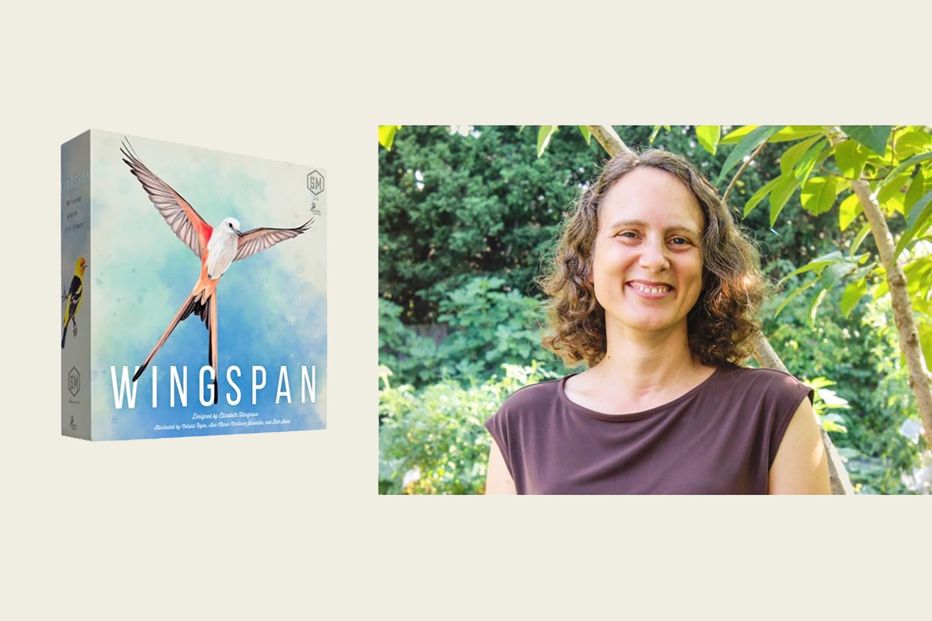 Wingspan game box, left, and Elizabeth Hargrave, right