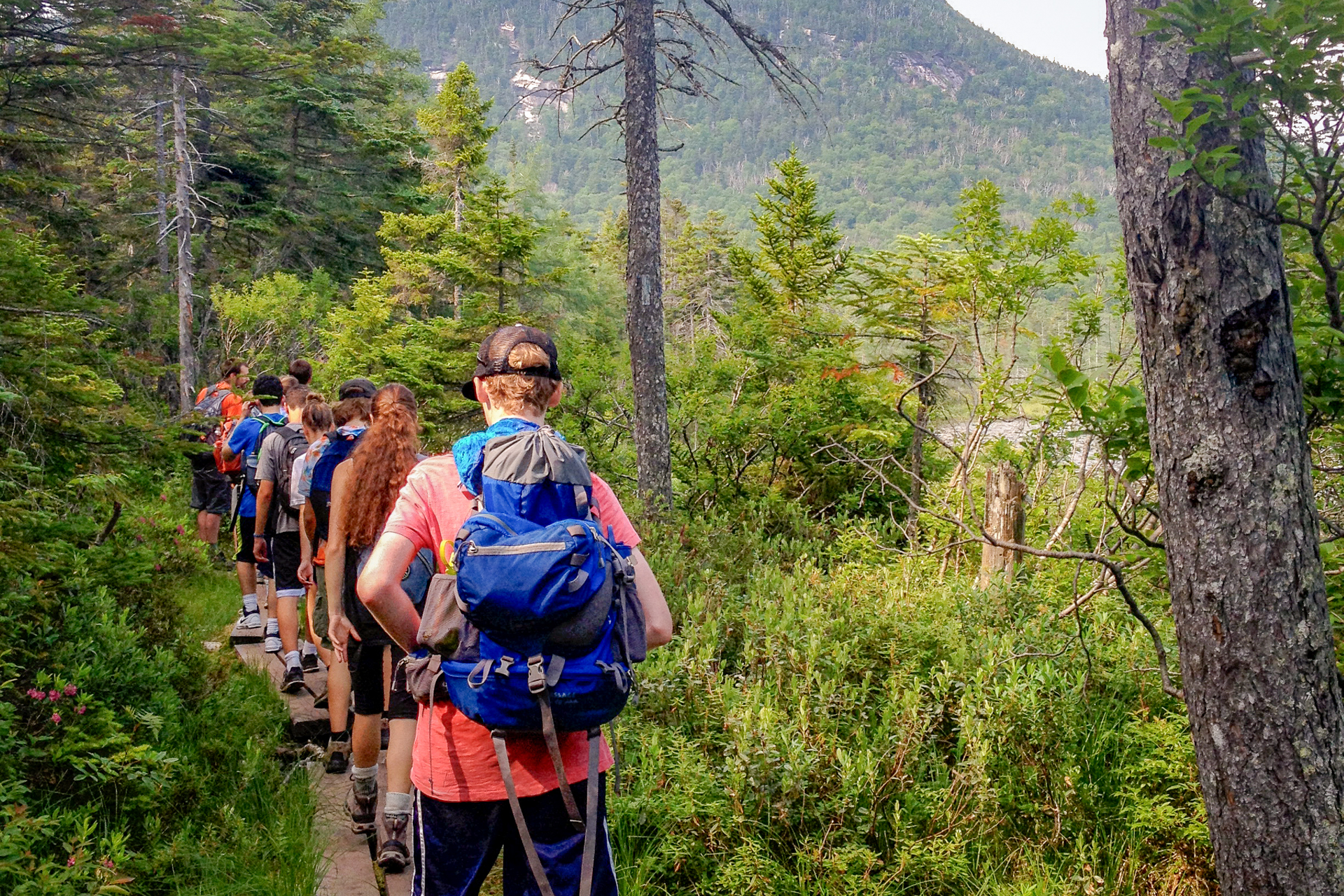 A group of teen trekkers walking away along a narrow boardwalk through green wetlands toward a mountain summit in the background