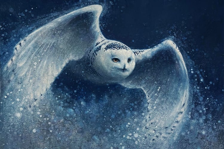Painting of a snowy owl with scattered paint around the bottom of the frame