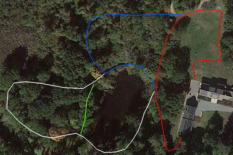 Four multicolored paths outlined on a map of Long Pasture, depicting planned All Persons Trails