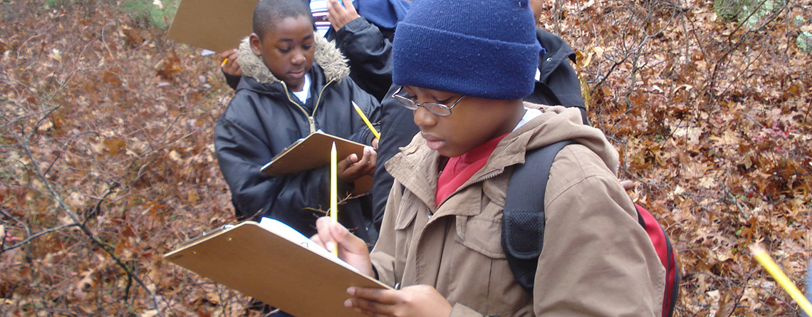 Grade 5 students from Philbrick Elementary School exploring Blue Hills Trailside Museum