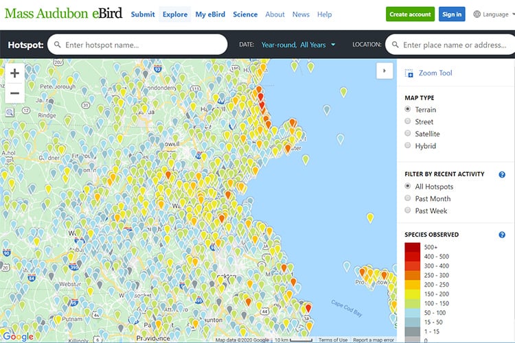 Mass Audubon eBird portal hotspot map