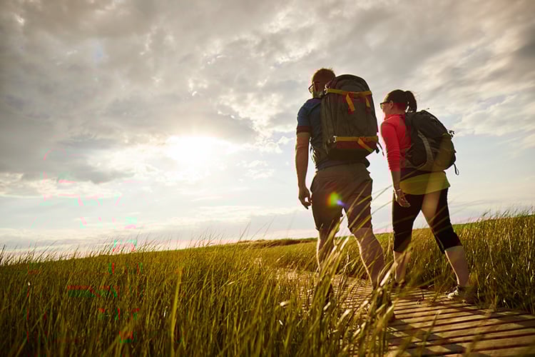 Two people hiking the boardwalk trail at Wellfleet Bay