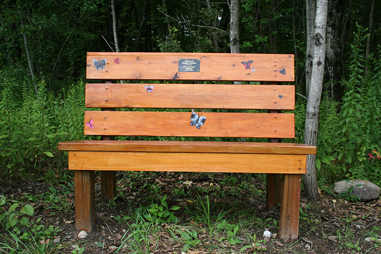 Barbara Walker memorial bench on Cardinal Trail at BMB
